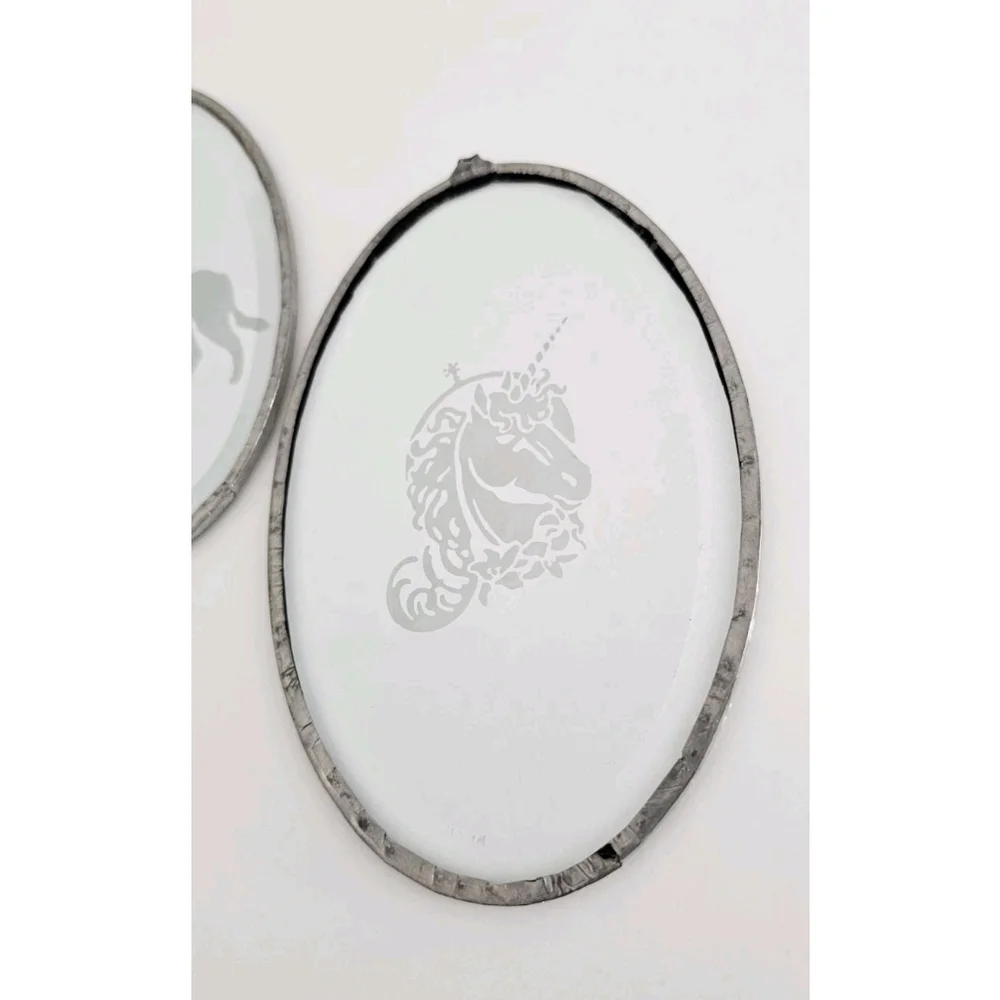 Vintage 3 Oval Etched Glass Unicorn Wolf Dragon Wall Hangings In Metal Frames